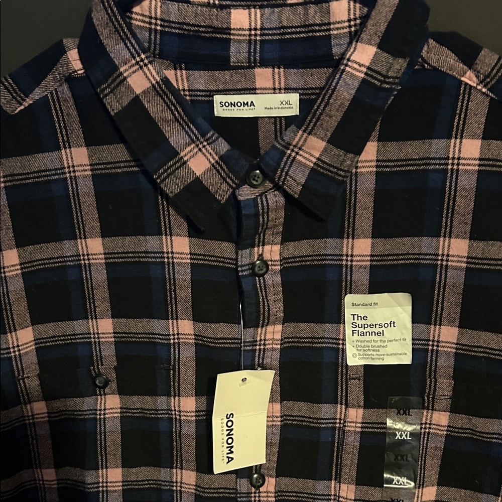 Sonoma Men's Navy and Pink Plaid Button Down Shirt